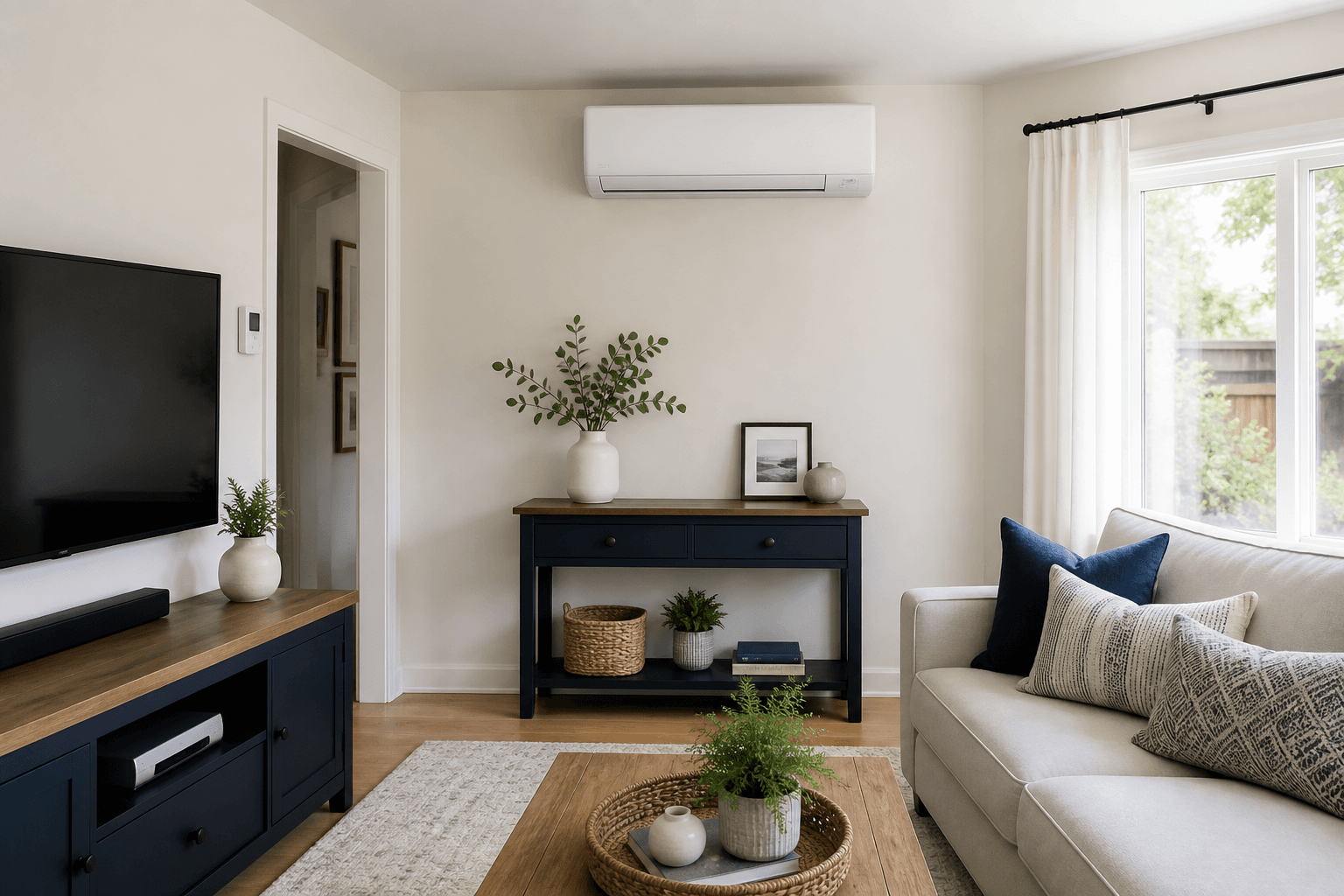 Demonstration image of a wall-mounted ductless mini-split in a comfortable living room
