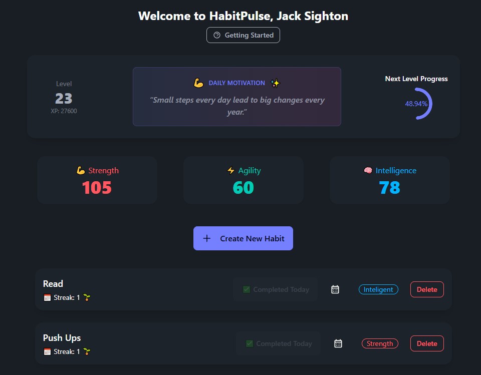HabitPulse Dashboard - Habit tracking interface showing user level, stats, and daily habits
